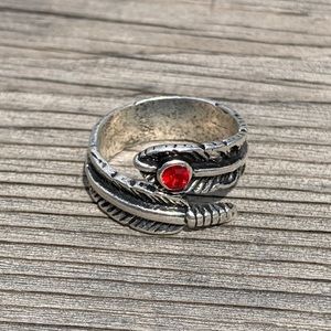 Vintage-Style Punk RubyRedColored Stone on Leaf SilverAlloy Adjustable Ring H226